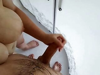 sexy mom with big tits jerks off a cock in the shower mature handjob femdom